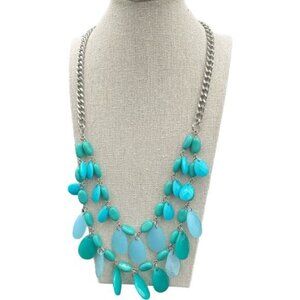 Layered Teardrop Stone Necklace With Silver Tone Chain Turquoise Accents